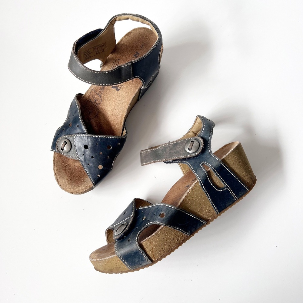 Romika Leather Wedge Sandals 39 Blue Perforated Comfort Walking Strappy Summer